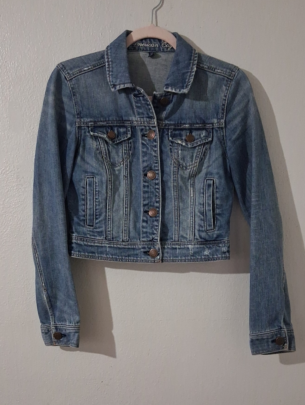 American Eagle Outfitters Light Distressed Cropped Denim Jacket